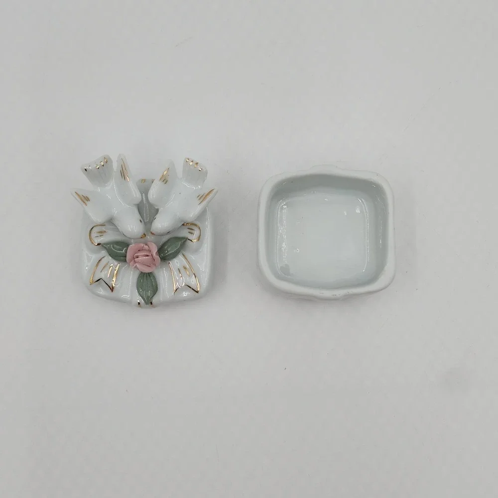 Porcelain Trinket Box Love Birds Pink Rose Gold Trim Square Ring Holder China